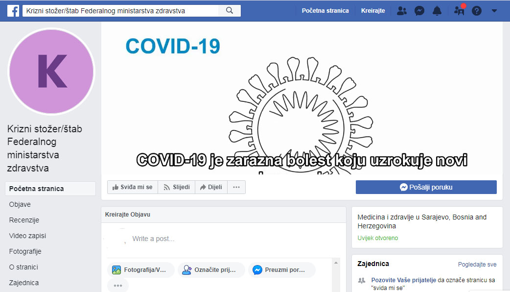 FEDERALNI KRIZNI ŠTAB OTVORIO PROFILE NA DRUŠTVENIM MREŽAMA