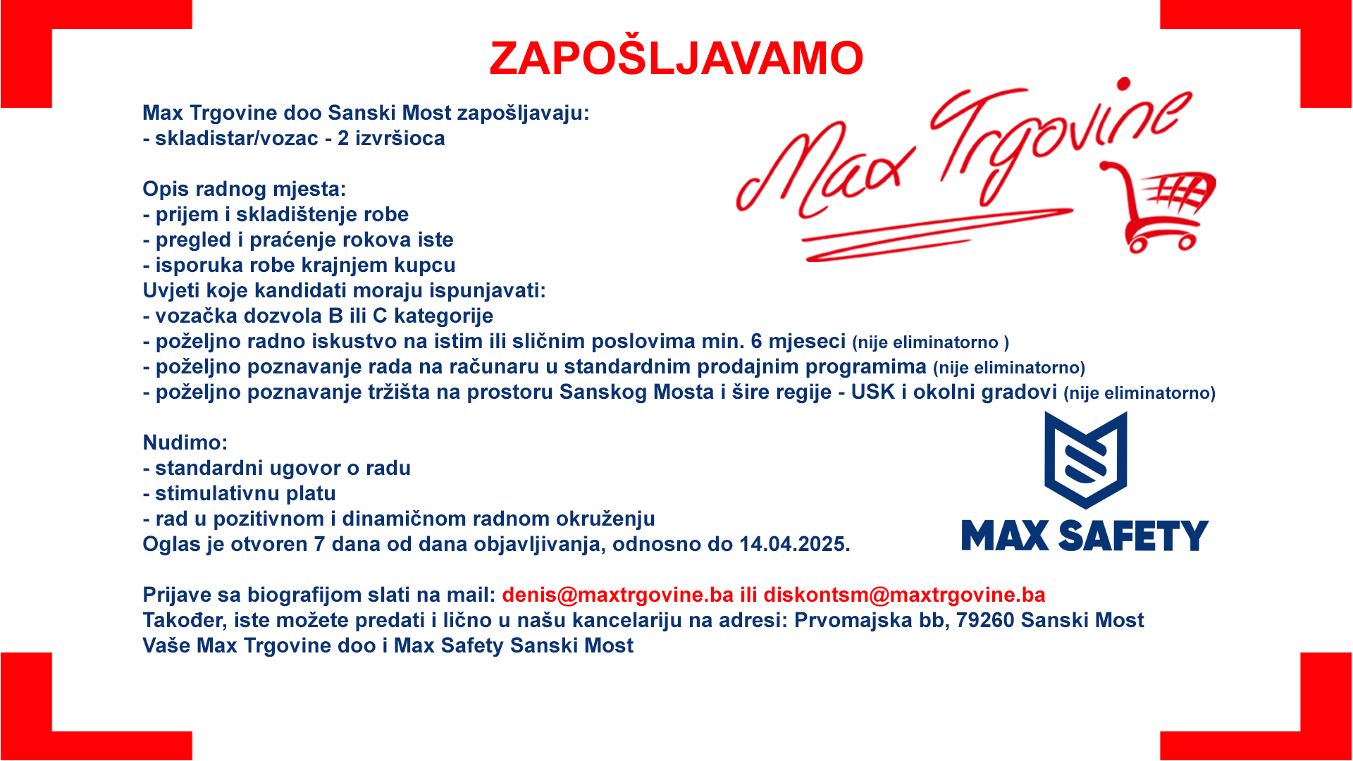 MAX TRGOVINE DOO SANSKI MOST ZAPOŠLJAVAJU: